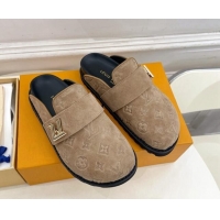 Hot Style Louis Vuitton LV Cosy Flat Comfort Clog Mules in Monogram Suede 2 Dark Beige 1224051