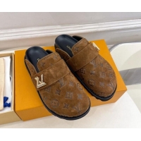 Stylish Louis Vuitton LV Cosy Flat Comfort Clog Mules in Monogram Suede 2 Brown 1224052