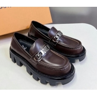 Sophisticated Louis Vuitton Shiny Leather Platform Loafers with LV Chain Dark Brown 1224055