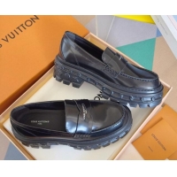 Grade Quality Louis Vuitton LV Record Platform Loafers in Glazed Leather Black 1224064