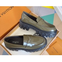 Popular Style Louis Vuitton LV Record Platform Loafers in Glazed Leather Green 1224067