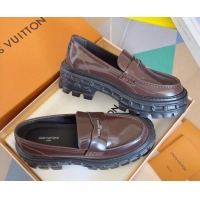 Best Product Louis Vuitton LV Record Platform Loafers in Glazed Leather Dark Brown 1224068