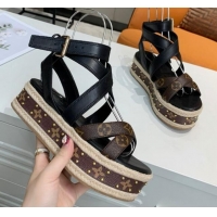 Luxurious Louis Vuitton Platform Sandals in in Monogram Canvas & Leather Black 022015