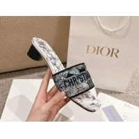 Luxurious Dior Dway Heel Slides Sandal 3.5cm in White and Blue Embroidered Cotton with Pietro Ruffo's Dior Chardons Moti