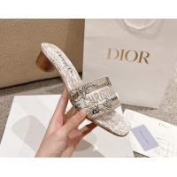 Grade Quality Dior Dway Heel Slides Sandal 3.5cm in Cotton Embroidered with Metallic Thread and Gold-Tone Millefiori Uni