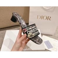 Top Design Dior Dway Heel Slides Sandal 3.5cm in Embroidered Cotton and Black Multicolor Millefiori Unicorn Motif 123100