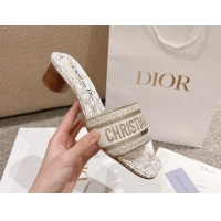 Good Looking Dior Dway Heel Slides Sandal 3.5cm in Cotton Embroidered with Metallic Thread and White and Gold-Tone Dior 