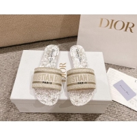 Pretty Style Dior Dway Flat Slides Sandal in Cotton Embroidered with Metallic Thread and White and Gold-Tone Dior Chardo