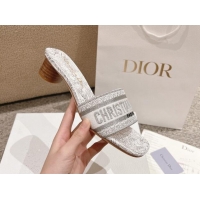 Good Quality Dior Dway Heel Slides Sandal 3.5cm in Cotton Embroidered with Metallic Thread and White and Silver-Tone Dio