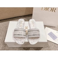 Unique Style Dior Dway Flat Slides Sandal in Cotton Embroidered with Metallic Thread and White and Silver-Tone Dior Char