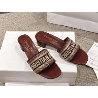 Top Grade Dior Dway Heel Slides Sandal 4.5cm in Classic Embroidered Cotton Burgundy 1231017