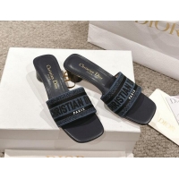 Shop Duplicate Dior Dway Heel Slides Sandal 3.5cm in Classic Embroidered Denim Dark Blue 1231018