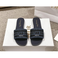 Big Discount Dior Dway Flat Slides Sandal in Classic Embroidered Denim Dark Blue 1231023