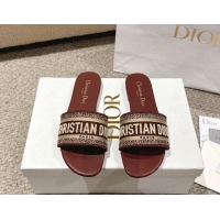 Hot Style Dior Dway Flat Slides Sandal in Classic Embroidered Cotton Burgundy 1231027