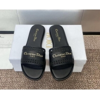 Top Design Dior D-Lane Flat Slides Sandal in Calfskin with Openwork Microcannage Motif Black 1231033