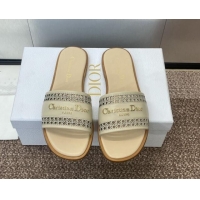 Grade Quality Dior D-Lane Flat Slides Sandal in Calfskin with Openwork Microcannage Motif Beige 1231036