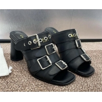 Pretty Style Dior Punk Heeled Slides Sandal 8cm in Calfskin with Buckle Strap Black 1231047