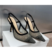 Low Price Dior Capture Slingback Pumps 9.5cm in Transparent Mesh with Silver-Tone Strass Cannage Motif and Black Suede 1