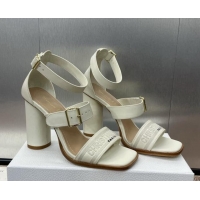 Stylish Dior Dway Heeled Sandals 9.5cm in White Calfskin and Embroidered Cotton 1231061