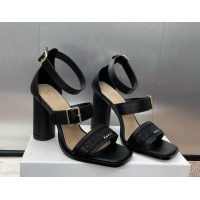 Luxury Discount Dior Dway Heeled Sandals 9.5cm in Black Calfskin and Embroidered Cotton 1231063