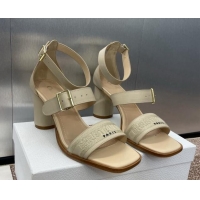 Top Design Dior Dway Heeled Sandals 7.5cm in Beige Calfskin and Embroidered Cotton 1231066