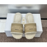 Good Quality Dior Dway Flat Slides Sandal in Calfskin and Embroidered Cotton with Shearling Lining Beige 1231075