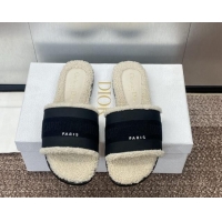 Low Price Dior Dway Flat Slides Sandal in Calfskin and Embroidered Cotton with Shearling Lining Black 1231077