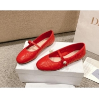 Popular Style Dior Mary Janes Ballet Flats in Quilted Cannage Calfskin with Pearl Red 1231088