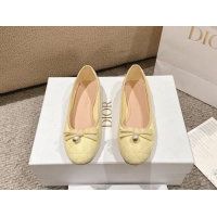 Top Design Dior Ballet Flat in Quilted Cannage Calfskin with Pearl Bow Yellow 1231097