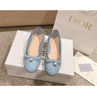 Low Price Dior Ballet Flat in Quilted Cannage Calfskin with Pearl Bow Light Blue 1231099