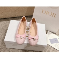 Best Price Dior Ballet Flat in Quilted Cannage Tweed with Pearl Bow Light Pink 1231102