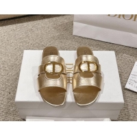 Shop Duplicate Dior 30 Montaigne Flat Slides Sandal in Gold-Tone Metallic Calfskin 1231105