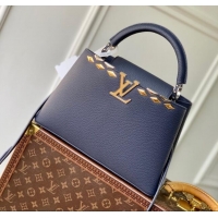 Super Quality Louis Vuitton Capucines MM Bag in Black Taurillon Leather with Maxi Studs M12751 Navy Blue 2025