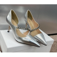 Unique Style Dior Metallic Leather Pumps 7cm with Strass Strap Silver 0220049