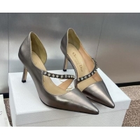 Luxurious Dior Metallic Leather Pumps 7cm with Strass Strap Grey 0220050