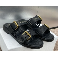 Sumptuous Dior D-Avenue Flat Buckle Slides Sandal in Calfskin with Openwork Microcannage Motif Black 0220055