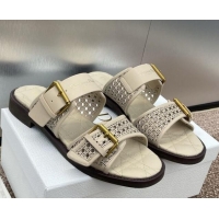 Luxury Cheap Dior D-Avenue Flat Buckle Slides Sandal in Calfskin with Openwork Microcannage Motif Beige 0220056