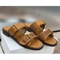 Stylish Dior D-Avenue Flat Buckle Slides Sandal in Calfskin with Openwork Microcannage Motif Brown 0220057