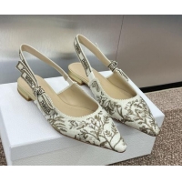 Shop Duplicate Dior J'Adior Slingback Ballet Flats in White and Gold-Tone Millefiori Jacquard 0220064