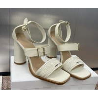 Popular Style Dior Dway Heeled Sandals 9.5cm in White Calfskin and Embroidered Cotton with Pearls 0220065