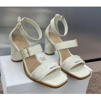 Good Quality Dior Dway Heeled Sandals 7.5cm in White Calfskin and Embroidered Cotton with Pearls 0220066