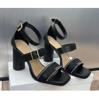 Luxury Discount Dior Dway Heeled Sandals 9.5cm in Black Calfskin and Embroidered Cotton with Pearls 0220067