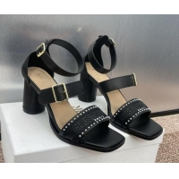 Luxury Dior Dway Heeled Sandals 7.5cm in Black Calfskin and Embroidered Cotton with Pearls 0220068