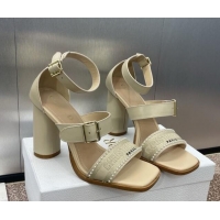 Unique Discount Dior Dway Heeled Sandals 9.5cm in Beige Calfskin and Embroidered Cotton with Pearls 0220069