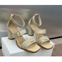 Stylish Dior Dway Heeled Sandals 7.5cm in Beige Calfskin and Embroidered Cotton with Pearls 0220070