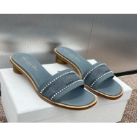 Grade Dior Dway Heeled Slides Sandal 3cm in Calfskin and Embroidered Cotton with Pearls Blue 0220071