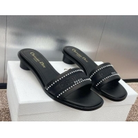 Perfect Dior Dway Heeled Slides Sandal 3cm in Calfskin and Embroidered Cotton with Pearls Black 0220072