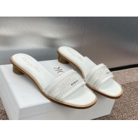 Buy Luxury Dior Dway Heeled Slides Sandal 3cm in Calfskin and Embroidered Cotton with Pearls White 0220073