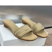 Classic Hot Dior Dway Heeled Slides Sandal 3cm in Calfskin and Embroidered Cotton with Pearls Beige 0220074