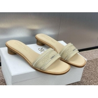 Pretty Style Dior Dway Heeled Slides Sandal 3cm in Calfskin and Embroidered Cotton with Pearls Grey 0220075